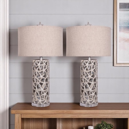 Homeroots Set of Two 30" Silver Coastal Starfish Table Lamps With Beige Drum Shades 571286