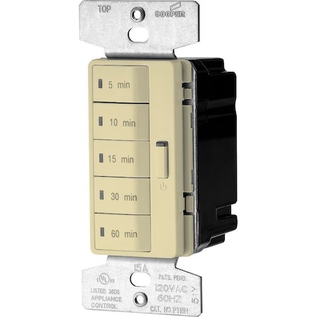 Eaton Wiring Devices Minute Timer, 15 A, 120 V, 1800 W, 5, 10, 15, 30, 60 min Off Time Setting, Ivory PT18M-V-K