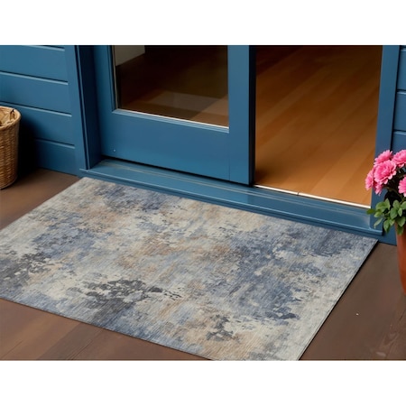 Homeroots 3' X 5' Denim Blue Beige And Charcoal Abstract Washable Indoor Outdoor Area Rug 630873