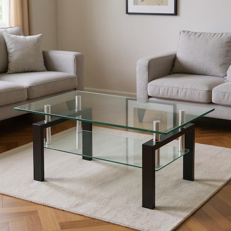 Homeroots 39" Clear and Black Glass and Steel Coffee Table With Shelf 635696