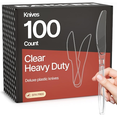 Bakkenmaster Disposable Cutlery Set Heavy-Duty BPA-Free Plastic Knives, Reusable and Heat-Resistant, 100PK BK-100CK