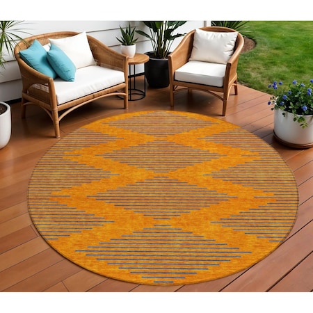 Homeroots 8' Orange And Blue Round Geometric Washable Indoor Outdoor Area Rug 598766
