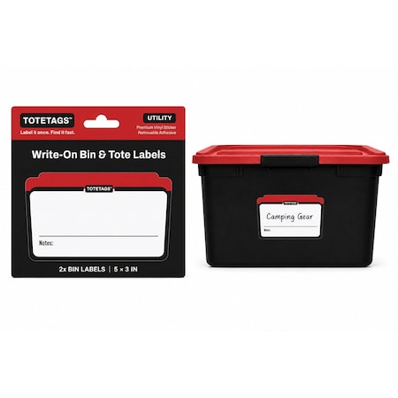 Totetags Storage Bin Labels, Write-On Tote Labels for Garage Organization, Red, 2PK, 5 in x3 in, 2PK TOTETAGS-2X-RED
