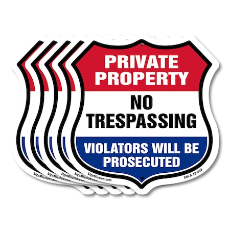 Signmission Private Property Shield Sign No Trespass, 12 inch X 12 inch, Aluminum Metal Sign, 5PK SHI-A-5Pack-12-453