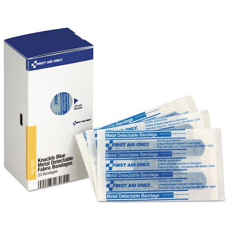 First Aid Only SmartCompliance Blue Metal Detectable Bandages, Knuckle, 1 x 3, 20/Box FAE-3030