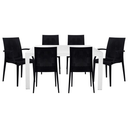 Leisuremod Mace 7-Piece Rectangular Outdoor Dining Set with 4 Side Chairs & 2 Armchairs, White/Black MT55WMC194A2BL