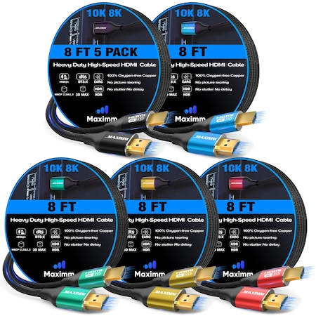 Maximm 4ft 8K 60Hz 48Gbps HDMI 2.1 Braided Cable, Multi-Color, 5PK MX1-8K-4FT-5PK
