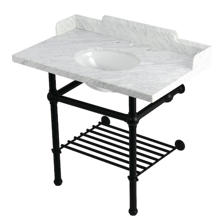 Kingston Brass 36-Inch Carrara Marble Console Sink with Brass Legs and Shelf, 8-Inch, 3-Hole LMS3630MBB0
