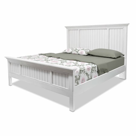 Homeroots White Carved Geometric Distressed Solid Wood King Bed Frame 571384