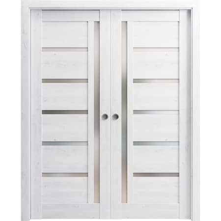 Sartodoors Sliding French Double Pocket Doors Frosted Glass White 36x96 (2* 18x96) Solid Core Modern Interior QUADRO4088DP-NOR-3696