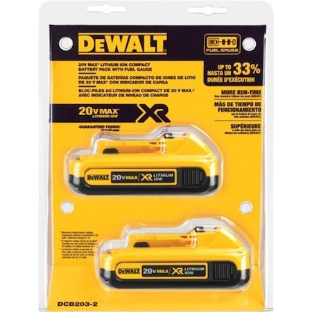 Dewalt 20V MAX Batter 2-Pack, 2Ah, Li-Ion, 2 PK DCB203-2