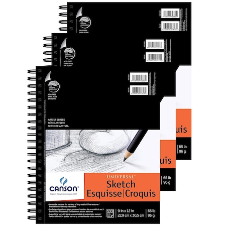 Canson Artist Series Universal Sketch Pad, Side Wire Binding, 100 Sheet, 9x12 inch, 3PK C100510851-03