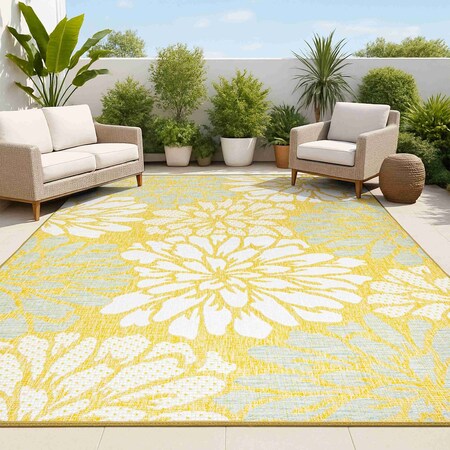 Jonathan Y Zinnia Modern Floral Textured Weave Yellow/Cream 9 ft. x 12 ft. Indoor/Outdoor Area Rug SMB110G-9