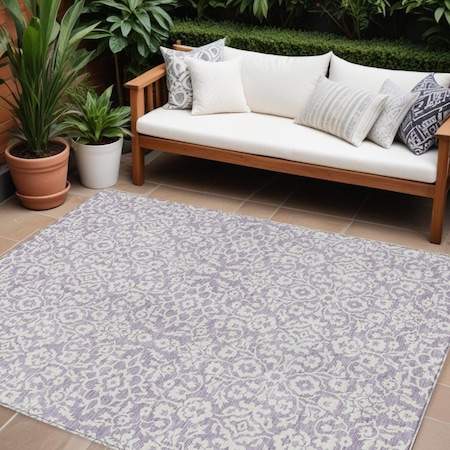 Homeroots 8' X 10' Lavender And Ivory Damask Washable Indoor Outdoor Area Rug 595166
