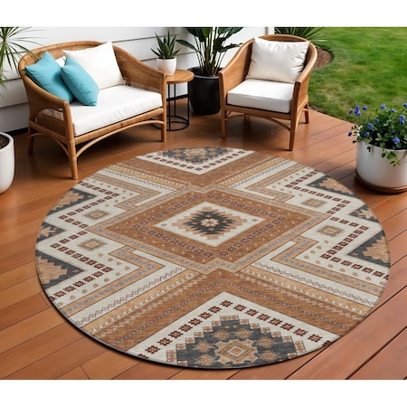 Homeroots 8' Copper Brown And Beige Round Tribal Washable Indoor Outdoor Area Rug 598108
