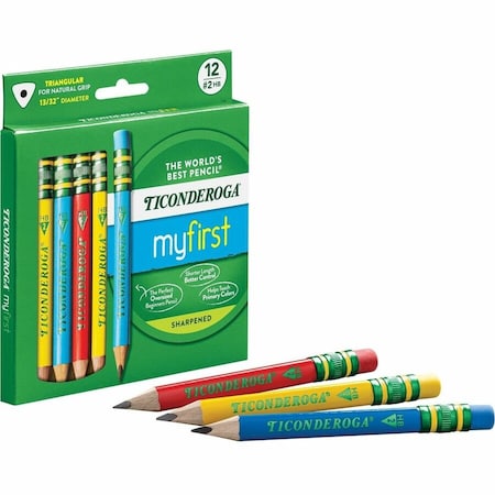 Ticonderoga My First Short Wooden Pencils, Large Triangle Barrel With Eraser, Primary Colors, 24PK X33112