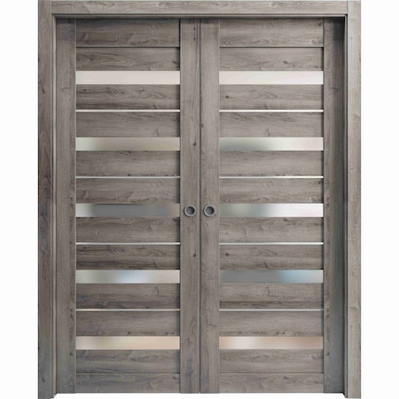 Sartodoors Sliding French Dbl Pocket Doors 36 x 84in, Nebraska Grey W/ Frosted Glass, Kit Trims Rail Hardware QUADRO4445DP-NEB-3684
