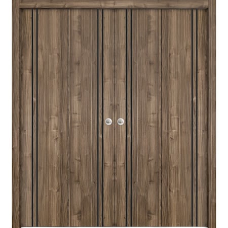 Sartodoors Sliding Closet Double Bi-fold Doors, Planum 0016 Walnut and Aluminum Strips, Sturdy Tracks Moldings PLANUM0016DBF-WLN-72 x 80 (4* 18x80)