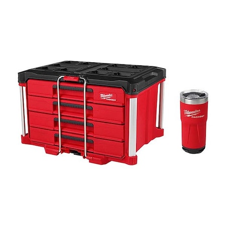 Milwaukee Tool PACKOUT 4 Drawer Toolbox + 20 oz Tumbler 48-22-8444, 48-22-8392R