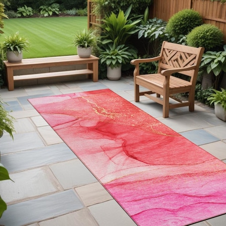 Homeroots 2' X 8' Pink Abstract Washable Non Skid Indoor Outdoor Runner Rug 559758