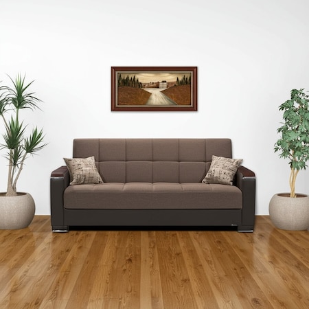 Homeroots 87" Brown Chenille And Faux Leather Convertible Futon Sleeper Sofa And Toss Pillows With Storage 607175