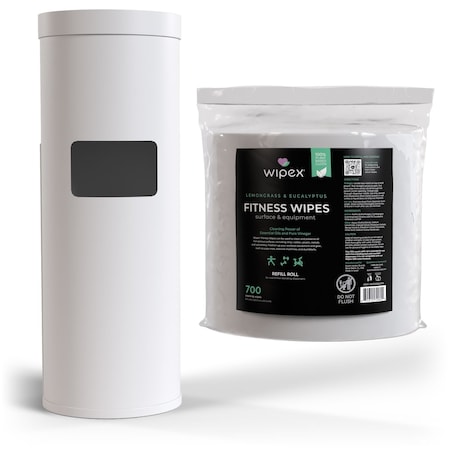Wipex Plant-Based Fitness Wipes 700ct Bundle, 1 Roll + White Floor Dispenser w/ Trash Can WX72260WFD1LERP
