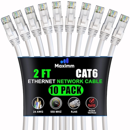 Maximm Cat6 Ethernet Cable 2ft 10Gbps 550MHz UTP, 10PK, White, 10PK CAT6-CCA-2FTWHITE-10PK