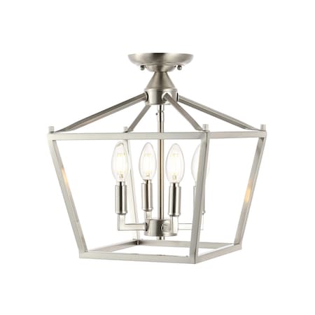 Jonathan Y Plains 12" 4-Light Modern Farmhouse Metal Open-Frame Pagoda LED Semi Flush Mount Mini Lantern, Nickel JYL7610D