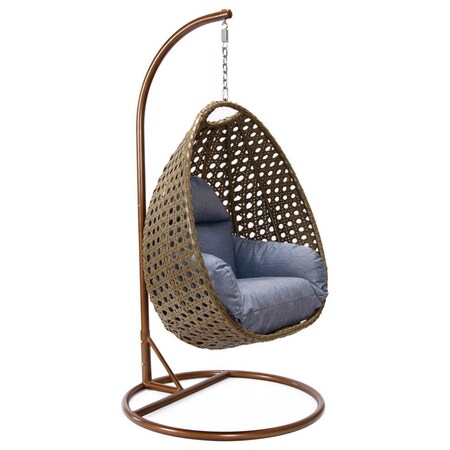 Leisuremod Beige Wicker Hanging Egg Swing Chair with Charcoal Blue Cushions ESCBG-40CBU