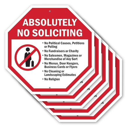 Signmission Absolutely No Soliciting No Politi, 10 inch X 10 inch, Aluminum Metal Signs, 5PK OC-A-5Pack-10-18
