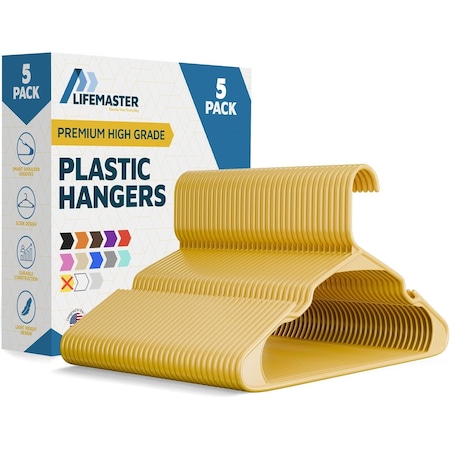 Lifemaster Heavy Duty Plastic Clothes Hangers, Non-Slip, Space-Saving, Holds 5 lbs, Yellow, 5PK LMPLCYLW5