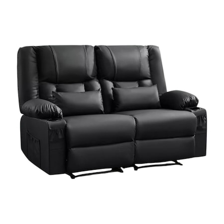 Homeroots 62in Black Faux Leather Manual Reclining Loveseat With Storage and Toss Pillows 721194