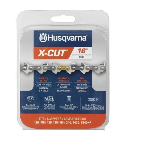 Husqvarna Saw Chain Loop, Semi-Chisel Chain, 16 in L Bar, 0.05 in, 3/8 in TPI/Pitch, 56-Link 597469556