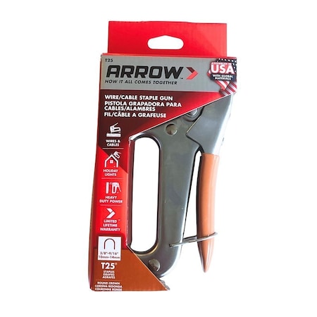 Arrow Lock T25 Cable Staple Gun, Crown Staple, 3/8, 7/16, 9/16 in W Crown, Steel Staple T25GR-4