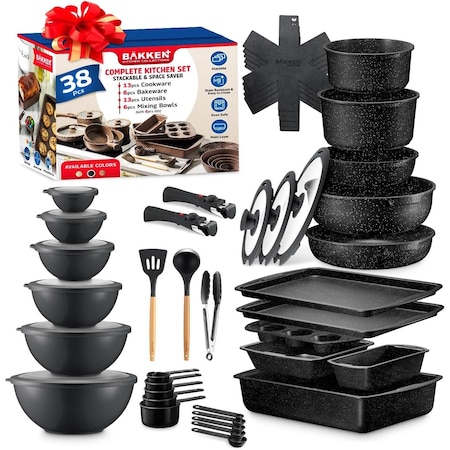 Bakkenmaster Bakken Master 38 Piece Granite Cookware and Bakeware Set, Nonstick Granite Coating BKCWSTK38MARB