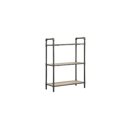 Homeroots 36" Antique Oak and Sandy Gray Metal Three Tier Standard Bookcase 486317