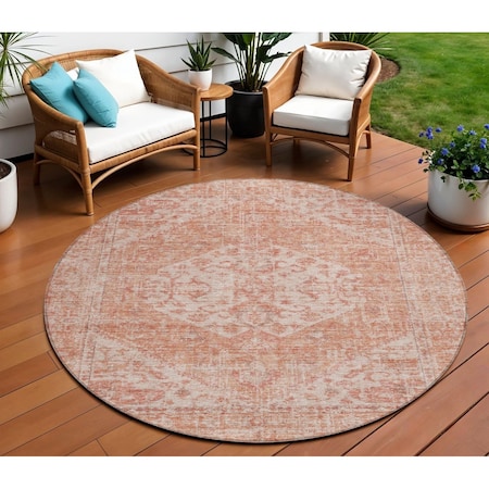 Homeroots 8' Coral And Pink Round Oriental Washable Indoor Outdoor Area Rug 603805