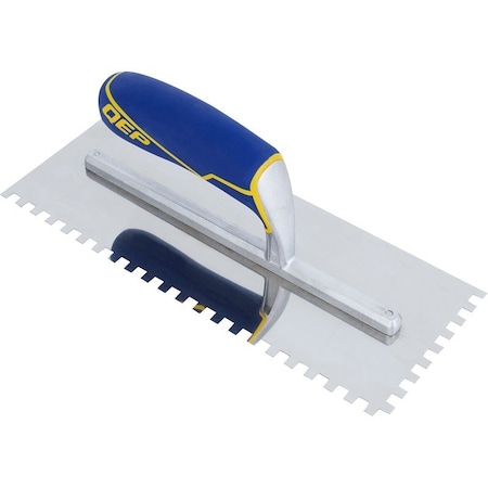 Qep Trowel, 11 in L, 4-1/2 in W, Square Notch, Contoured, Cushioned Grip Handle 49915-12