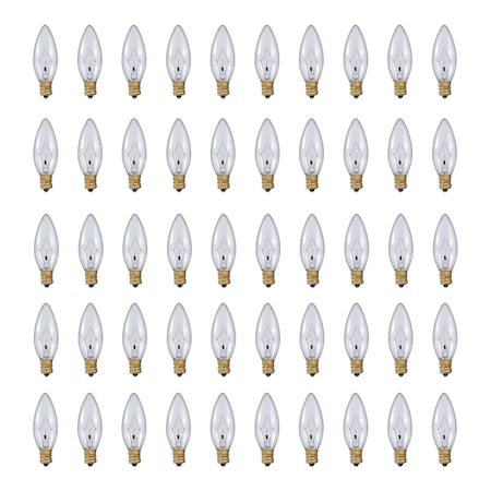Bulbrite 5w Dimmable Clear B8 Incandescent Light Bulbs Candelabra (E12) Base, 2700K Warm White Light, 50PK 861959