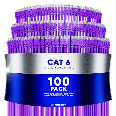 Maximm 2ft Cat6 10Gbps 550MHz UTP Ethernet Cable, 100PK, Purple, 100PK CAT6CCA-2PU-100PK