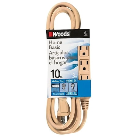 Southwire Extension Cord, 16 AWG, 3 Outlets, Beige, 10 ft 2865