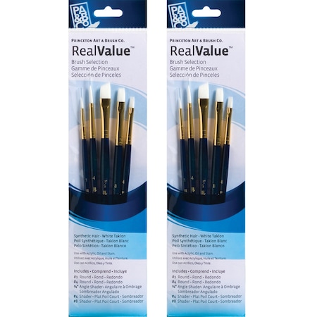 Princeton RealValue Brush Set, White Taklon Bristles, Short Handle Mixed Media Paintbrush, 5-Piece Set, 2PK PR9136