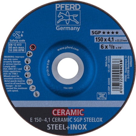 Pferd 6'' x 1/8 Grinding Wheel, 7/8'' A.H. - CERAMIC SGP STEELOX - Type 27 60090