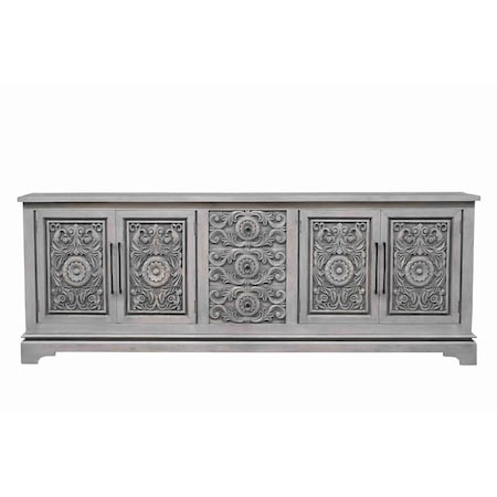 Homeroots 106" Gray Distressed Solid Wood Carved Floral Three Drawer Sideboard with Four Doors 642292