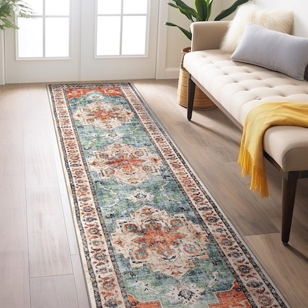 World Rug Gallery Transitional Medallion Washable Non Slip Runner Rug 2 ft x 8 ft Multi WR78MULTI2X8