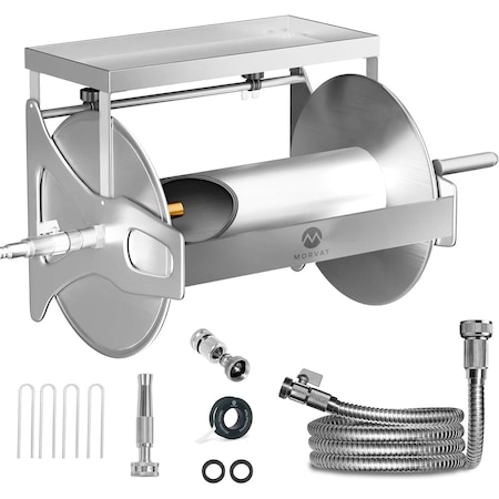 Morvat 150FT Stainless Steel Garden Hose Reel with Accessories MOR-HOSEREEL-150-A