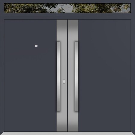 Vdomdoors Metal Double Doors Deux 0729 Gray Graphite Stainless Steel Insert Top Transom Entry Modern Painted DEUX0729DEXD-GRE-W72xH80+14-LH-I