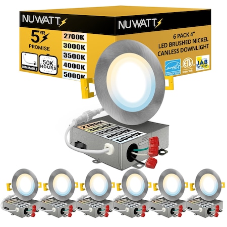 Nuwatt 4 Inch Brushed Nickel Canless Recessed Lighting LED Wafer Lights, 5CCT 2700K-5000K, 630LM, 6PK NW-P-DL-4-9W-5CT-BN-6P