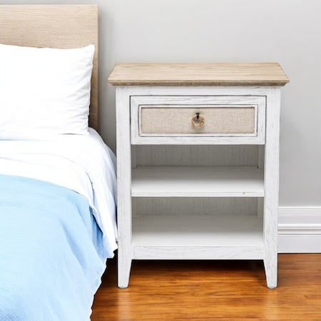 Homeroots 28" Natural And White Solid Wood Distressed One Drawer Nightstand With USB Port 571343