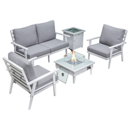 Leisuremod Walbrooke Modern White Patio Conversation, Square Fire Pit, Slats Design & Tank Holder, Grey WWS-27-20-57-31-GR